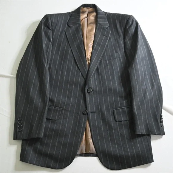 Tom James Royal Class 40S 33x30 Gray Striped Wool Mens Jacket Pants Suit